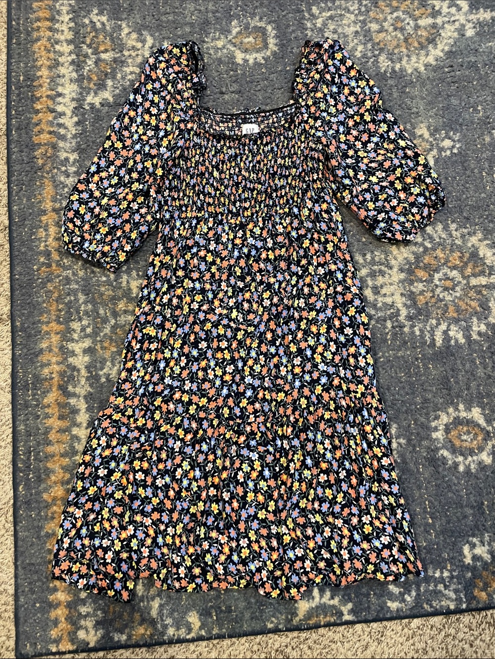 GAP Black Floral Smocked Midi Dress with Puff Sleeves maternity